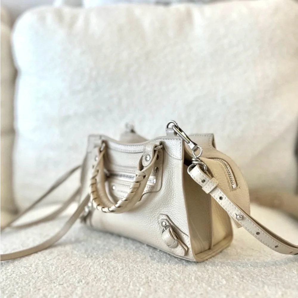 Auth LIKE NEW Balenciaga Neo mini Cream calfskin Leather Handbag 2 way strap - Picture 2 of 14